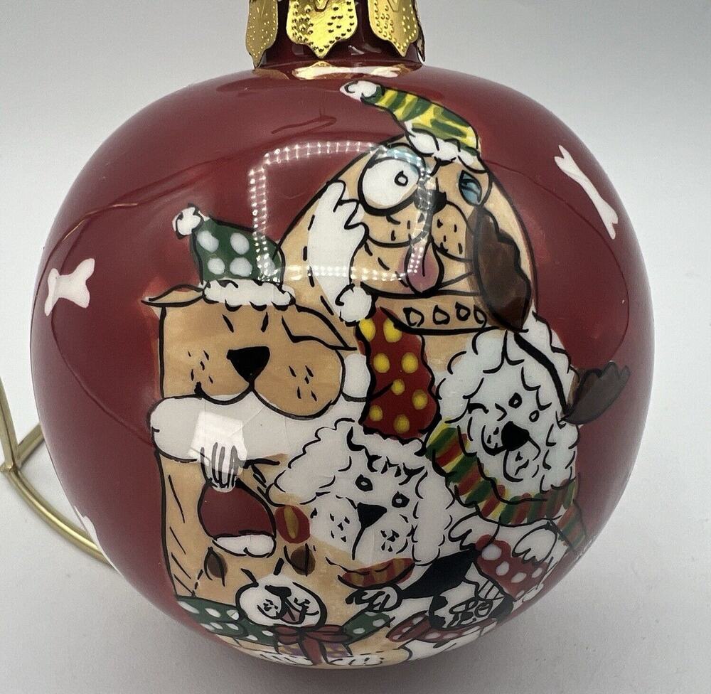 Ceramic Dogs Bones Christmas Ball Ornament Ceramic 3.5" Rescue Vet Poodle
